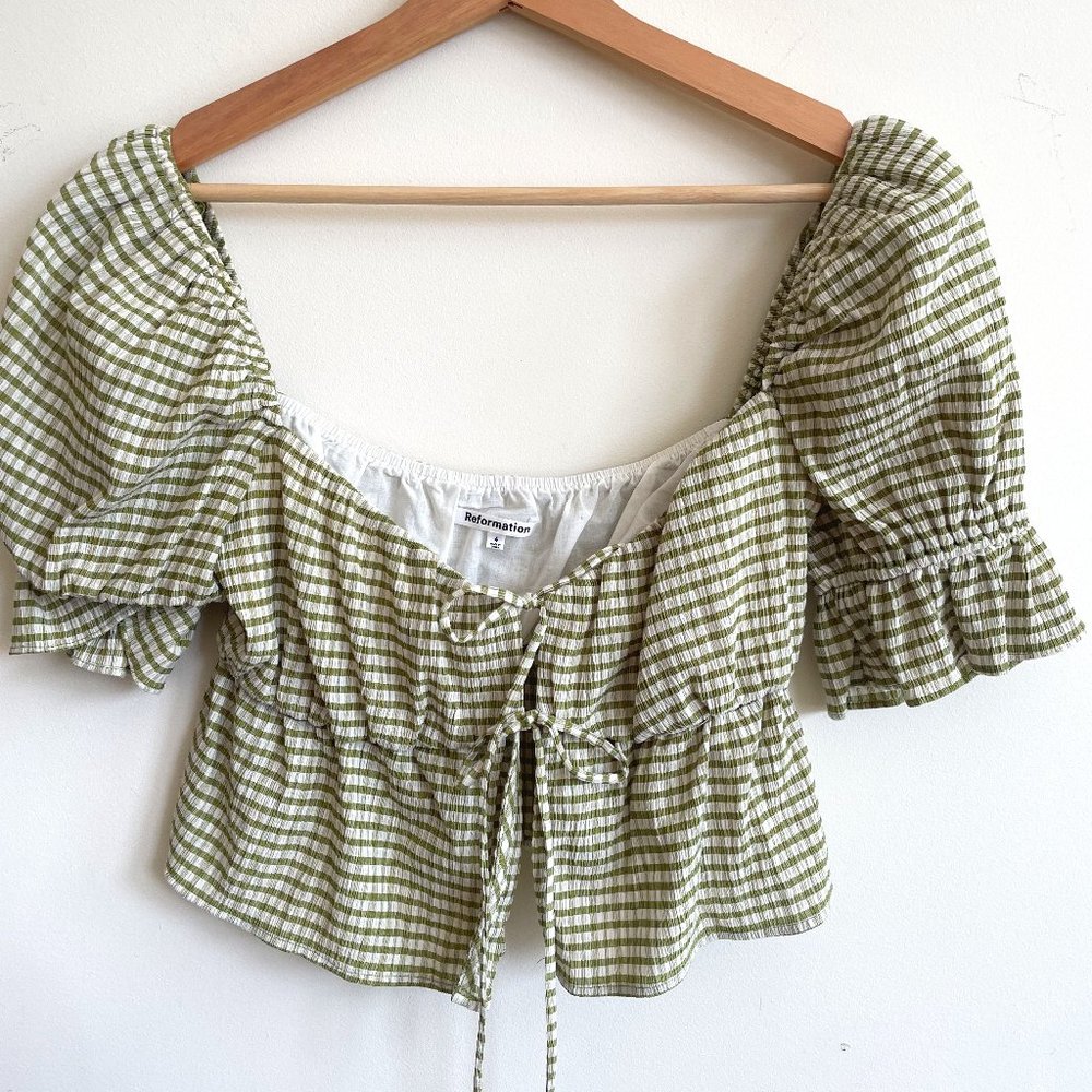 Reformations Lena Gingham Tie Front Top, size 4